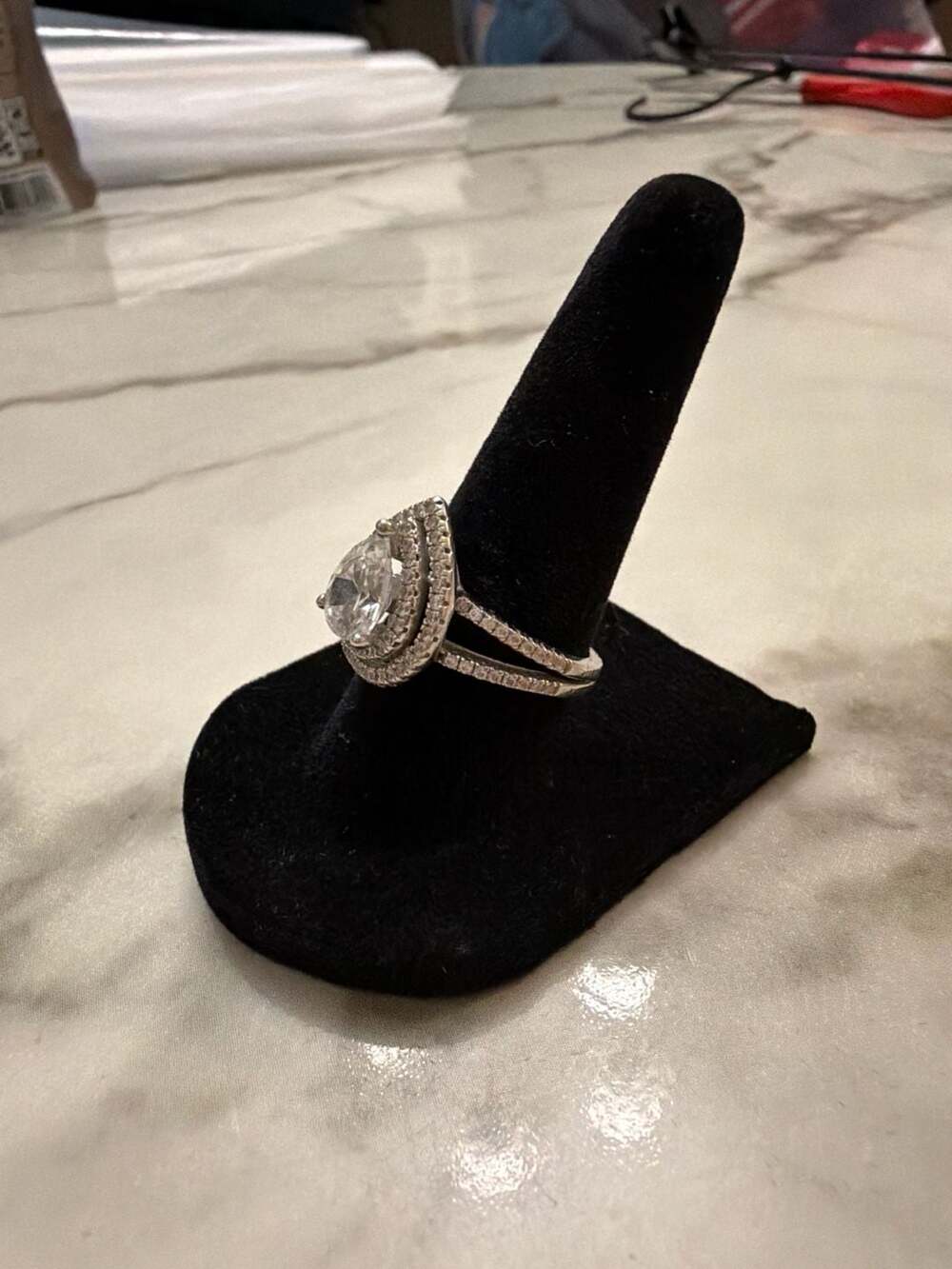 Pear Cut Double Halo Split Shank Sterling Silver Ring Size 6.5-7 - Picture 3 of 12